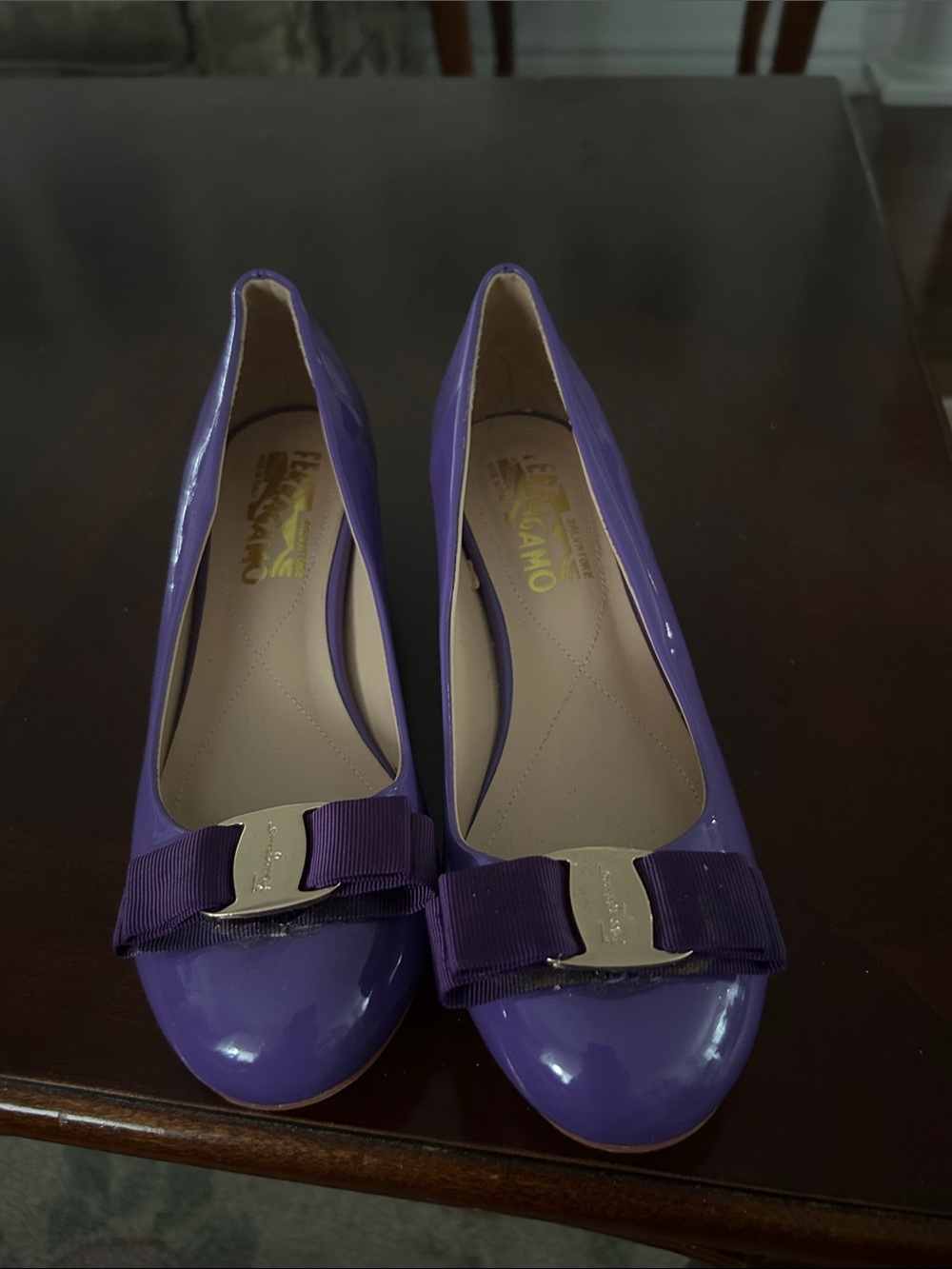 Salvatore Ferragamo Purple Patent Vara Bow Flats